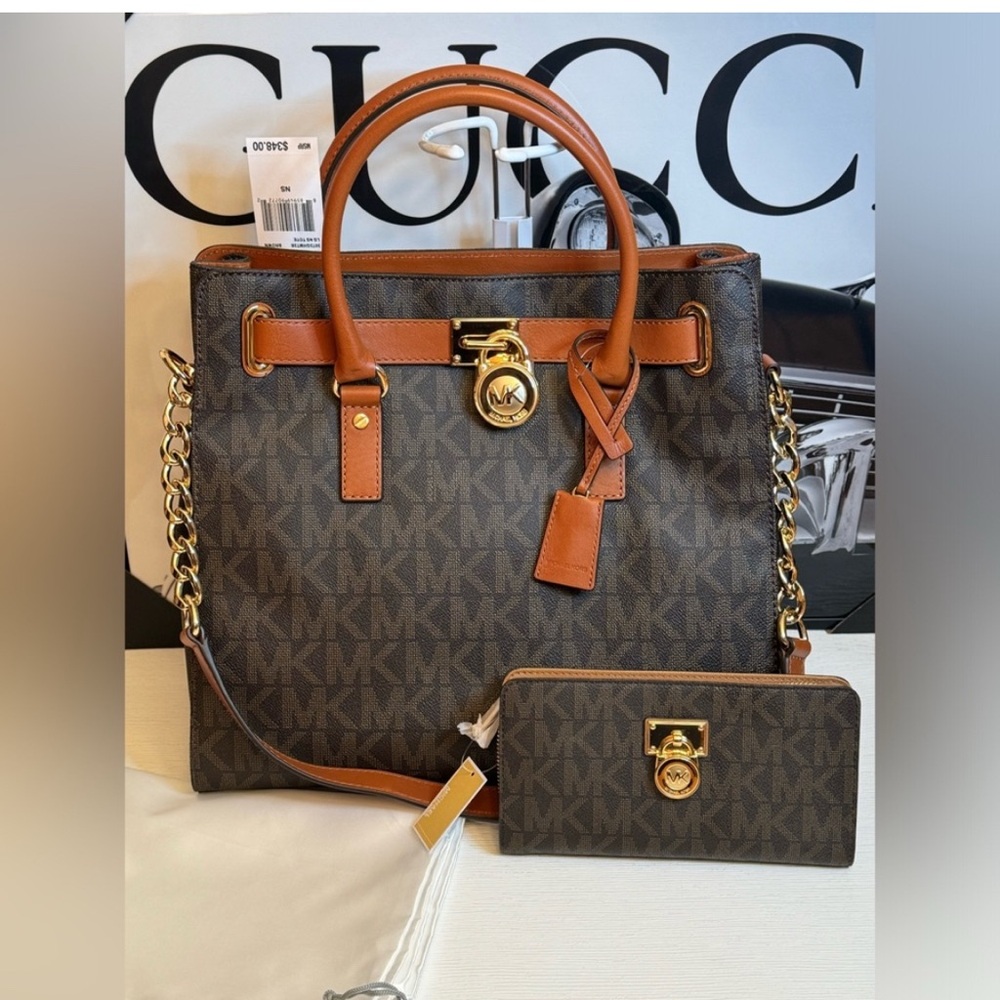 Michael Kors Hamilton Brown & Tan Satchel with Gold Accents and matching wallet